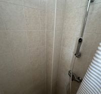 Shower corner with light tiles in a 3-room apartment.