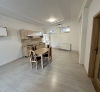 A kitchen in a 3-room apartment with a dining table and a floor with a wood decor.