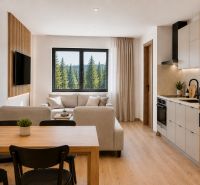 A bright interior of a holiday apartment with a wood-decor floor, a sofa, and a kitchenette.