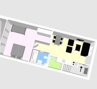 Floor plan of a recreational apartment with a kitchen, living room, bedroom, bathroom, and balcony.