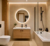Bathroom in a holiday apartment with a wooden decor floor and a large mirror.