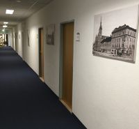 Offices with blue carpet and black-and-white photographs on the walls.