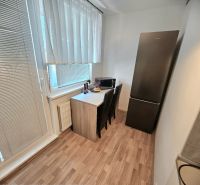 A kitchen in a studio apartment with a wood-patterned floor, a refrigerator, and a table by the window.