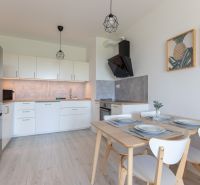A kitchen in a 2-room apartment with a wooden decor floor, white cabinets, and a dining table.