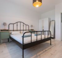 Bedroom with a metal bed, wardrobe, and wood-decorated flooring in a two-room apartment.