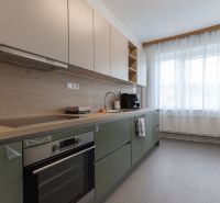 A kitchen in a 3-room apartment with modern furniture and natural wooden decor.