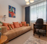 Living room with a sofa, a painting, and a desk in a 3-room apartment.