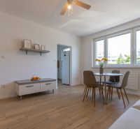 Living room in a two-room apartment with a wooden decor floor and a dining table.