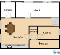 Floor plan of a family house showing the kitchen, room, pantry, and boiler room.