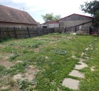 A garden at a family house in Strekov with a lawn and a wooden fence.