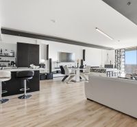 Spacious living area in a 2-room apartment with wood-patterned flooring.