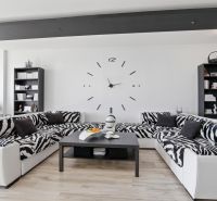A black and white living room with a large sofa, a coffee table, and shelves in a two-room apartment.