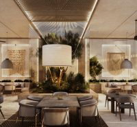 A stylish space with wooden decorations, large lighting, and comfortable seating.