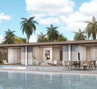 Exterior of a 1-bedroom apartment in Nungwi with a pool and palm trees in the background.