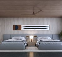 Double room in a villa with a wood-patterned floor and a decorative painting.