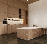 Kitchen in a villa with a wooden decor floor, light wood, and minimalist design.