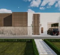 Villa in Nungwi with modern design, tropical vegetation, and a parked SUV.