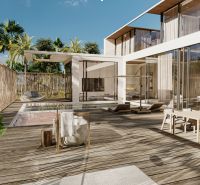 Villa in Nungwi with a garden, pool, and terrace with wood-patterned flooring.
