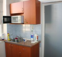 A kitchenette with a microwave, sink, and cabinet offers practical storage space.