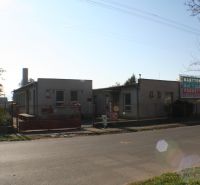 Commercial premises on Ľudovíta Štúra in Šahy, a building with advertising signs, asphalt road.