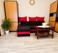 Living room in a family house with a sofa, furniture, and wooden decor flooring.