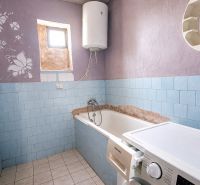A bathroom in a family house with a bathtub, a washing machine, and purple walls with a butterfly motif.