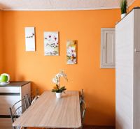 The interior of a family house with an orange wall, a table, and a potted plant.