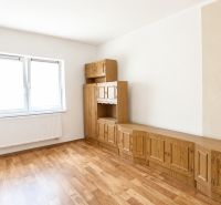 A room in a family house with furniture and a wood-patterned floor.