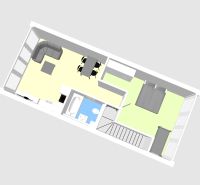 Layout of the holiday apartment: living room, kitchen, bedroom, bathroom, and staircase.