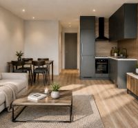 Living room with kitchen in a holiday apartment, wooden decor flooring, simple furniture.