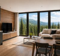 Recreational apartment with wood-decor flooring, large windows, and views of forests and mountains.