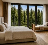Bedroom with large windows, view of the forest, floor with wood decor.