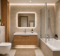 A bathroom in a vacation apartment with a bathtub, sink, and floor with a wooden decor.