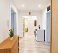 A hallway with a wooden decor floor, a cabinet, and a washing machine in a 3-room apartment.