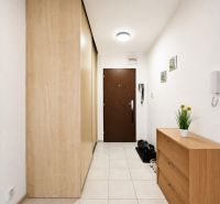 A hallway in a 3-room apartment with a built-in wardrobe and a chest of drawers on the tiles.