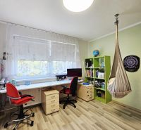 Children's room in a 3-room apartment, wooden decor flooring, swing, and table.