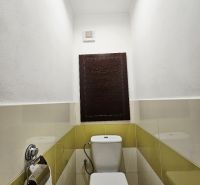 Bathroom with a toilet in a 3-room apartment, with white-green tiles.
