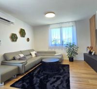 Living room in a 3-room apartment with a sofa, fireplace, and wood-patterned flooring.