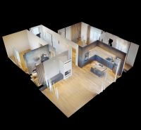 3D floor plan of a 3-room apartment with a wooden decor floor and a modern kitchen.