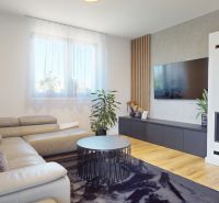 Living room with a sofa, television, fireplace, and wooden decor flooring in a 3-room apartment.