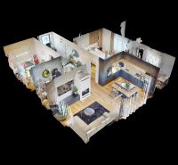 3D floor plan of a 3-room apartment with a wooden decor floor and room details.