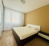 A bedroom in a 3-room apartment with a wood-patterned floor and a built-in wardrobe.