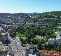 Aerial view of Bratislava - Nové Mesto, specifically on Šancová Street with surrounding greenery.