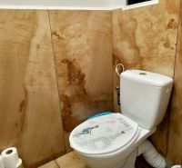 A toilet with an imaginative seat and walls with a wood decor in a 2-room apartment.