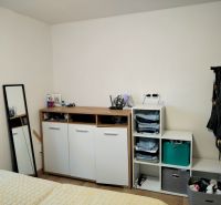 Bedroom in a 2-room apartment with a dresser and a mirror, floor with wooden decor.