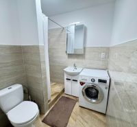 A bathroom in a 2-room apartment with a washing machine, shower, and modern tiles.