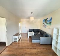 A living room with a wood-patterned floor and a comfortable gray sofa in a three-room apartment.