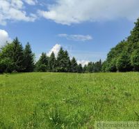 A green meadow surrounded by forests in the area of Záhrady near Hriňová under a blue sky.