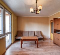 Living room in a 4-room apartment with a sofa, table, and wooden decor flooring.