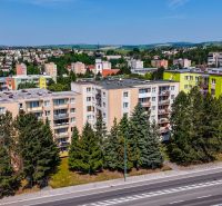 A view of apartment buildings and nature on Viestova Street in the town of Myjava.